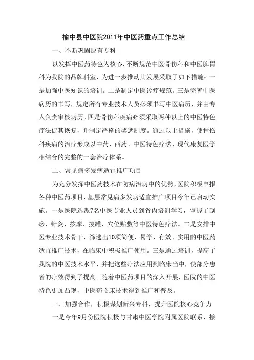 榆中县中医院2011年中医药重点工作总结
