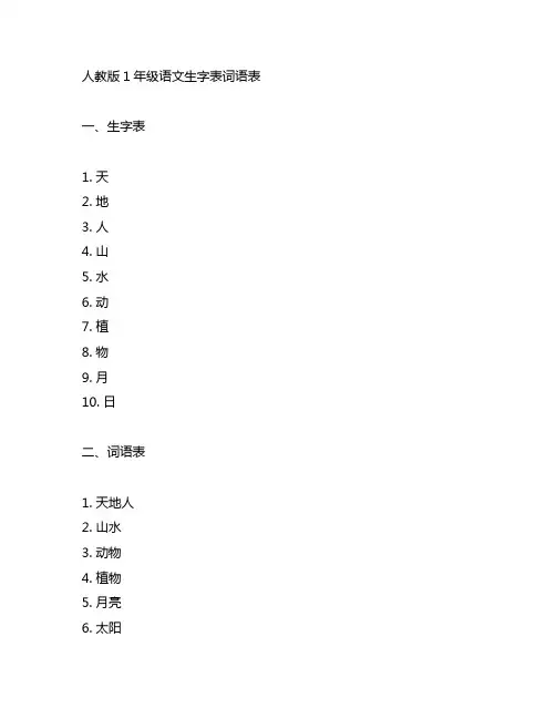 人教版1年级语文生字表词语表