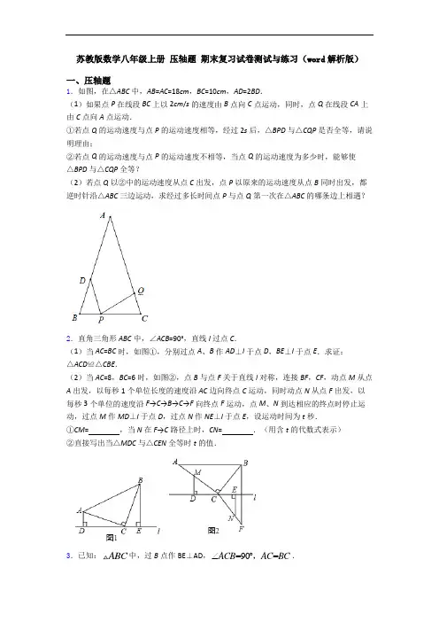 苏教版数学八年级上册 压轴题 期末复习试卷测试与练习(word解析版)