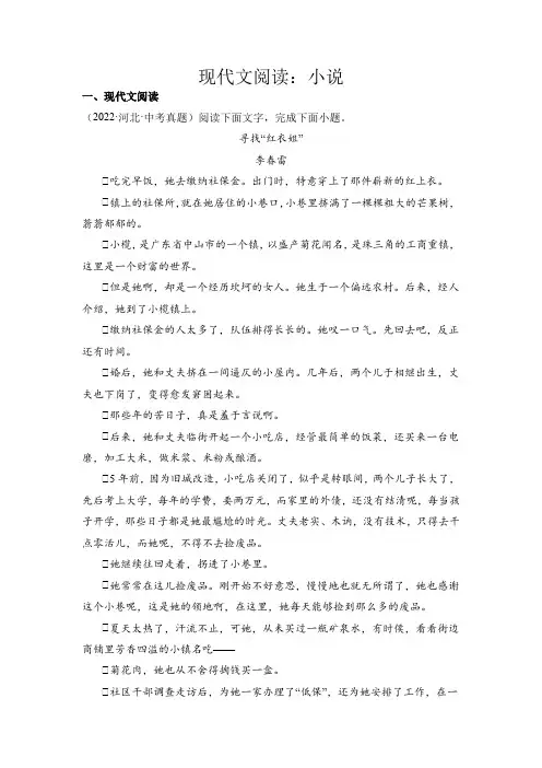 中考语文专题13现代文阅读小说(原卷版)