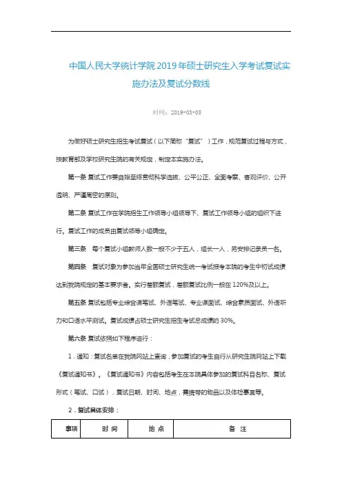中国人民大学2019年硕士研究生招生统计学院复试办法、复试名单