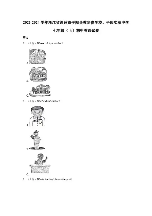 浙江省温州市平阳县苏步青学校、平阳实验中学2023-2024学年七年级上学期期中英语试卷(含解析)