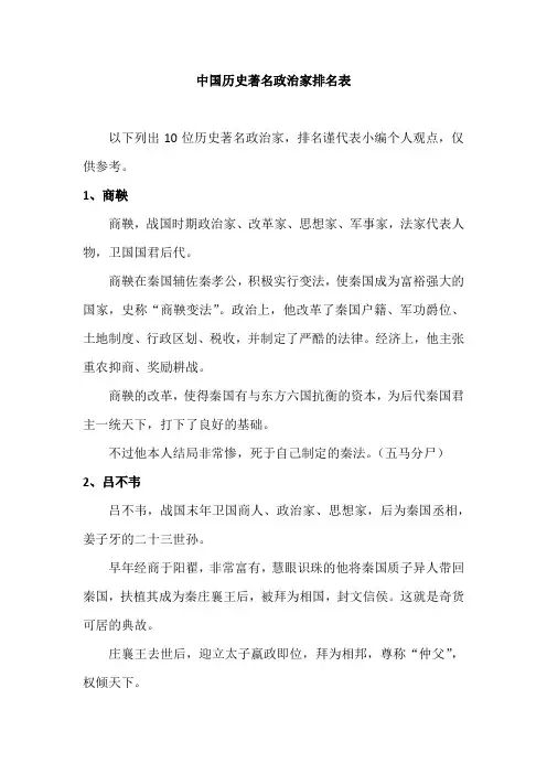 中国历史著名政治家排名表