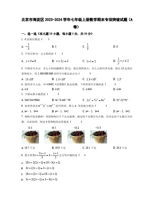 北京市海淀区2023-2024学年七年级上学期数学期末学情检测试题合集2套(含解析)